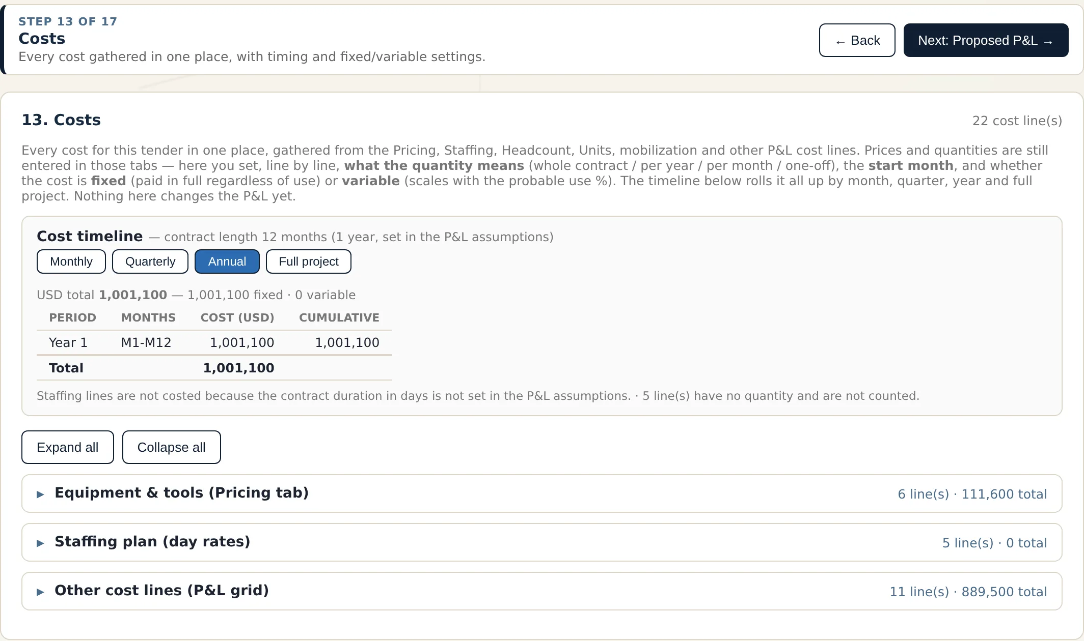 TenderLine screen: Step 13 · Costs